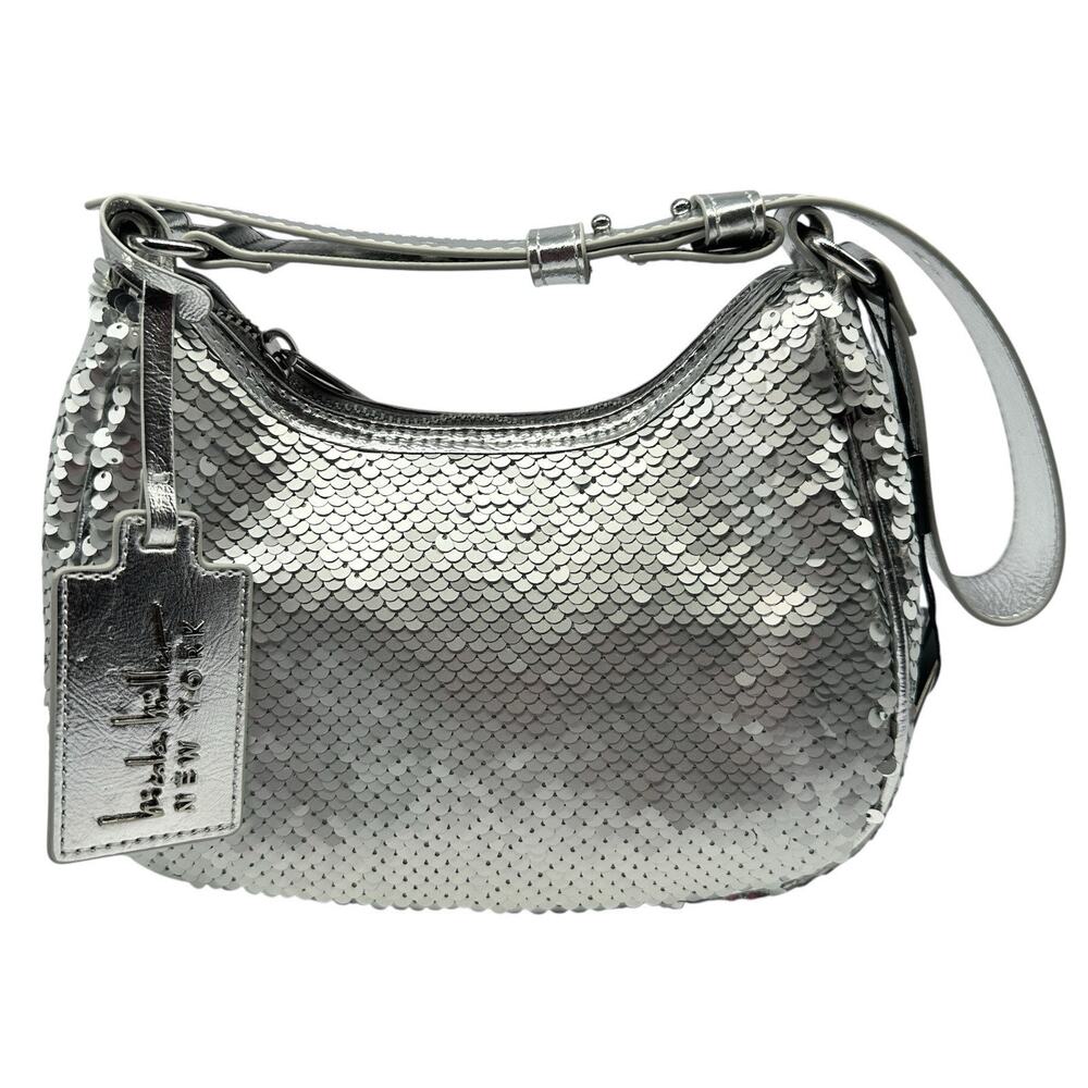 Nicole Miller Silver Sequin Shinyβ Strap Shoulder Bag Purse Logo Formal Dressy